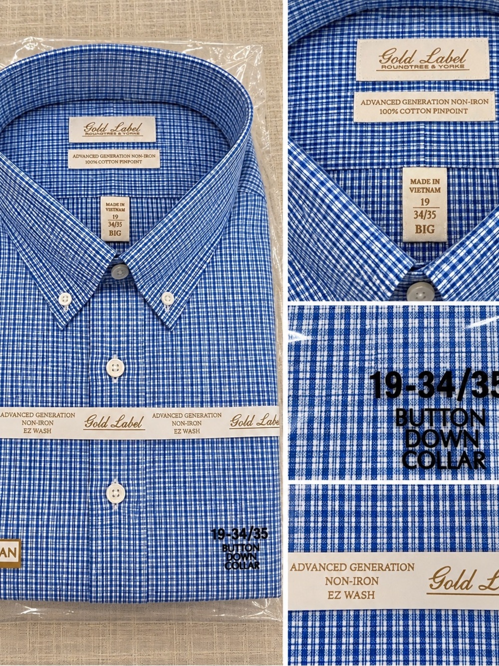 Roundtree & Yorke Gold Label Big Man Dress Shirt 19 34/35 Blue Check NWT